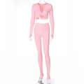 FQLWL Casual Summer 2 Two Piece Set Women Pink Outfit Long Sleeve Crop Top Leggings Women Joggers Matching Sets Ladies Tracksuit