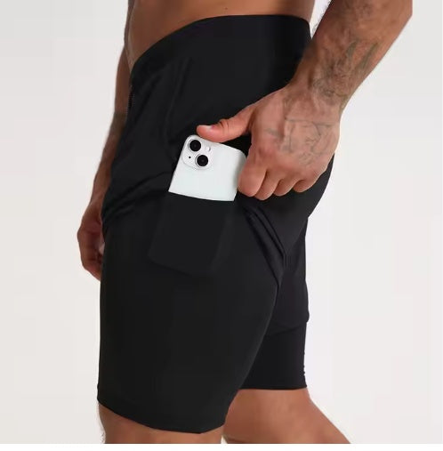 2 In 1 Men Polyester Spandex Breathable Gym Shorts
