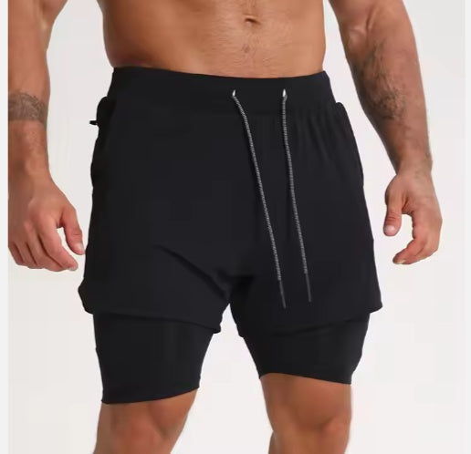 2 In 1 Men Polyester Spandex Breathable Gym Shorts